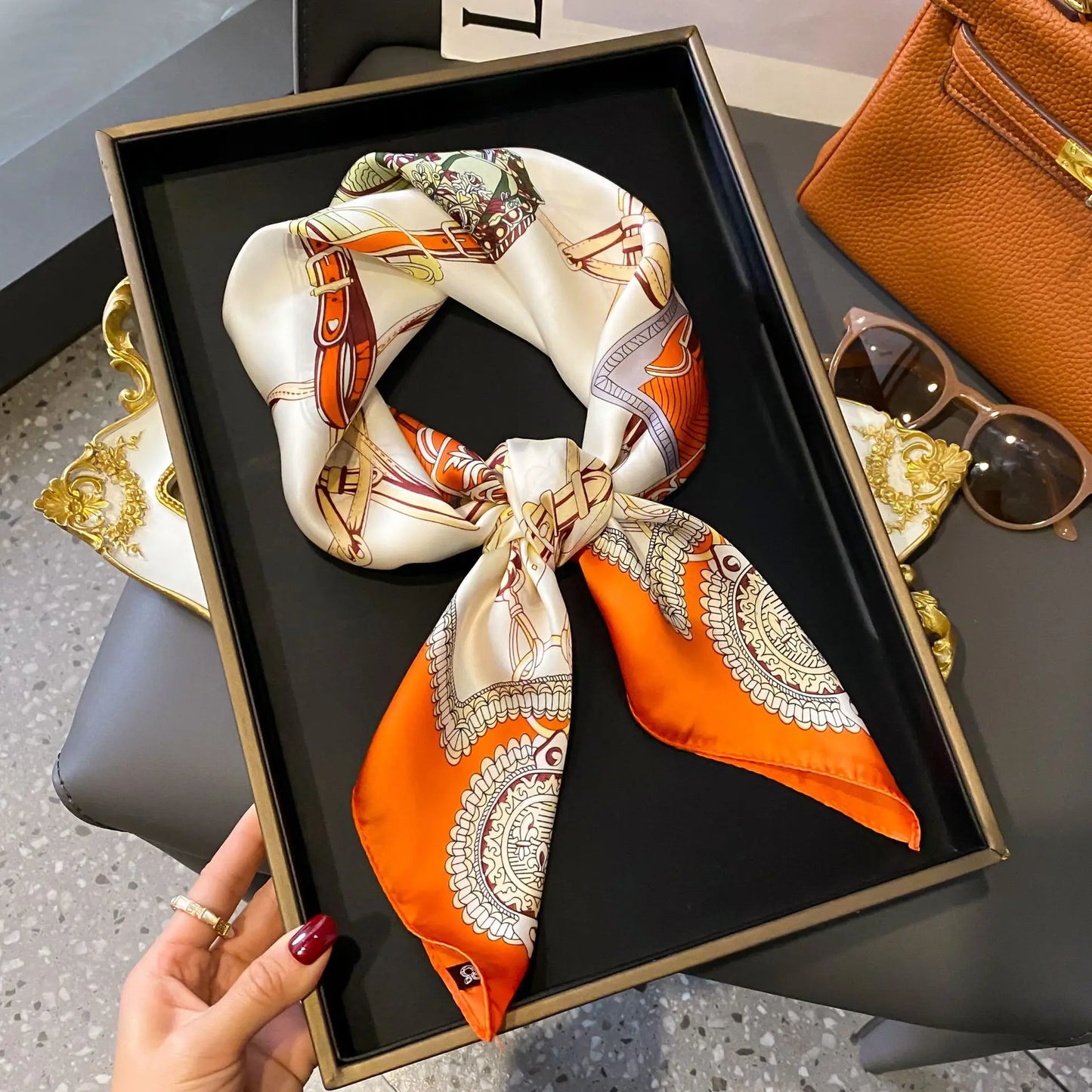 Luxury Silk Scarf - Chain Print Thin Neck Scarf for Women 70x70cm