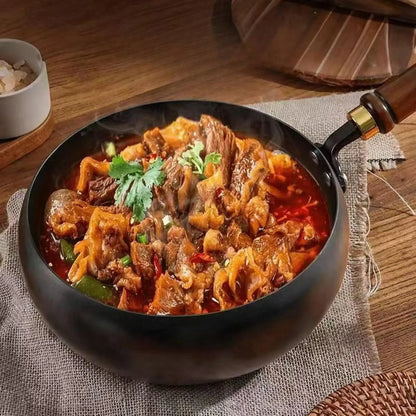 Nonstick Iron Wok with Wood Handle - Gas Stir Fry Pan for Home and Camping