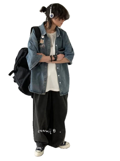 American Cityboy Washed Denim Short Sleeved Shirt Men's Versatile Loose Fitting Shirt Denim Jacket Trendy Coat