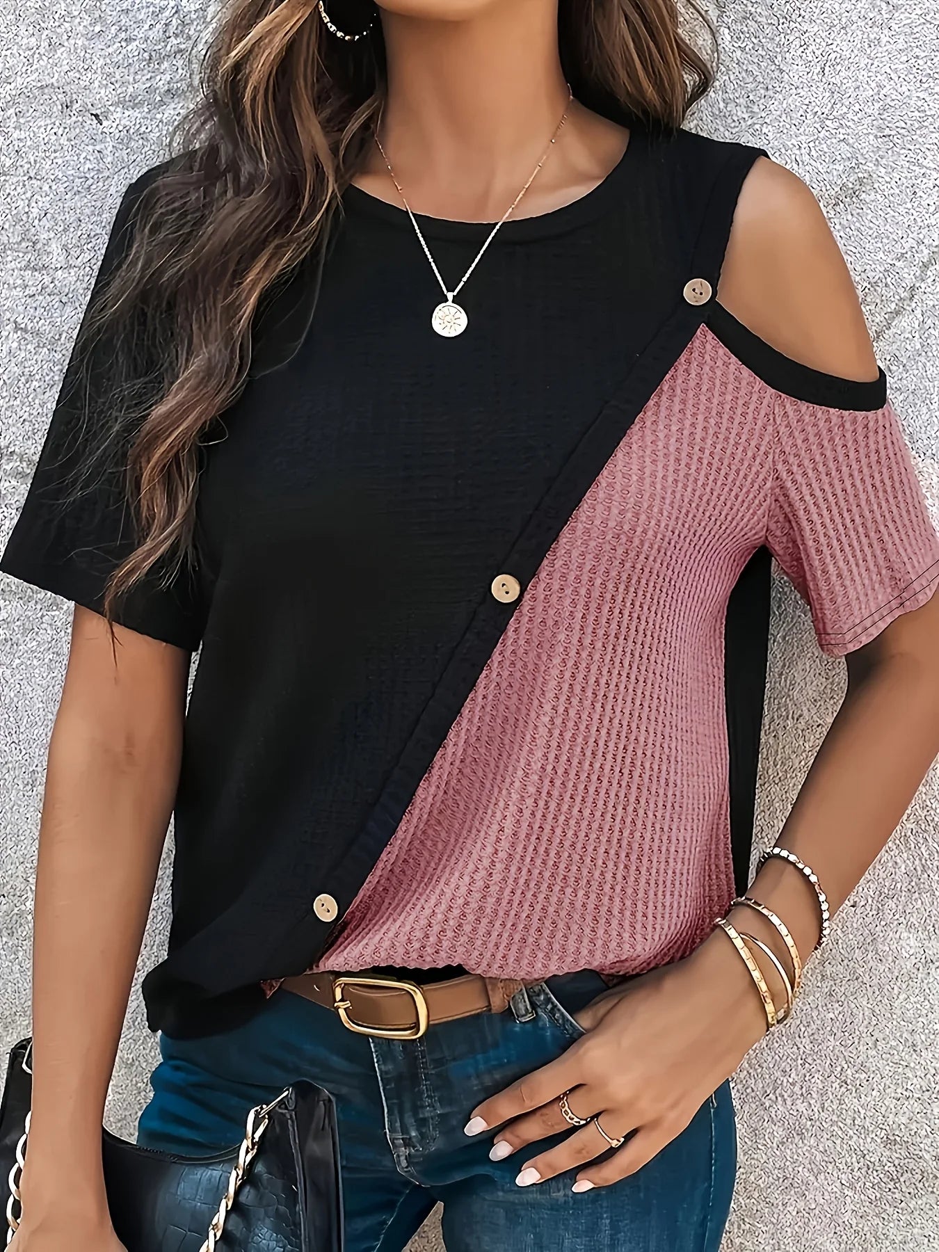 Plus Size T-Shirt - Women's Casual Tee With Button Detail | Loose Fit Patchwork