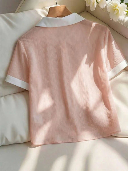 Summer Women Short Sleeve Chiffon Blouse Elegant Contrast Collar Pearl Button Office Casual Textured Breathable Fashion Tops
