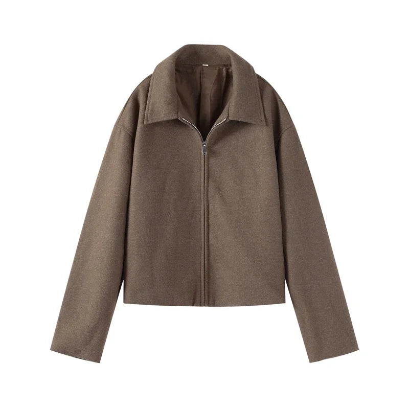 Brown Woolen Jacket - Women's Outerwear Zipper Coat With Elegant Lapel