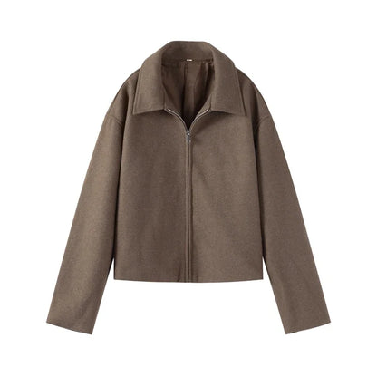 Brown Woolen Jacket - Women's Outerwear Zipper Coat With Elegant Lapel