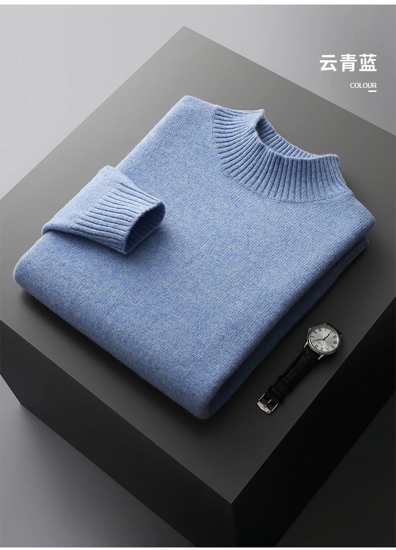 Winter Double Thick Men's Cashmere Sweater With Semi-High Neck High-End Warm Wool Knitted Bottoming Shirt