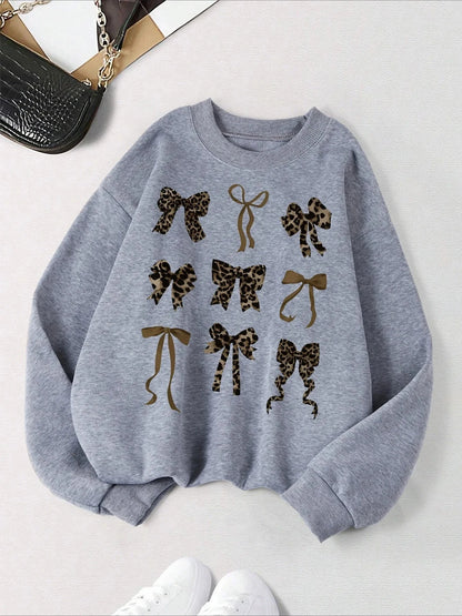 Retro Leopard Print Bow Printed Women Hoodies All-Match Fleece Casual Clothes Street Pullover Winter Autumn Woman Clothing