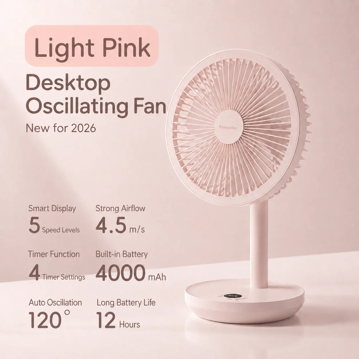 BLDC Oscillating Desktop Fan 4000mAh 5 Wind Speeds Silent Portable Rechargeable Fan with Timing Function for Home Room Gift