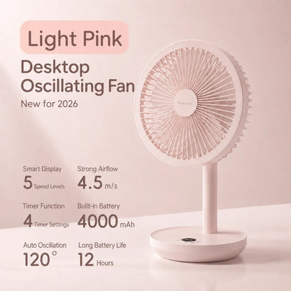 BLDC Oscillating Desktop Fan 4000mAh 5 Wind Speeds Silent Portable Rechargeable Fan with Timing Function for Home Room Gift