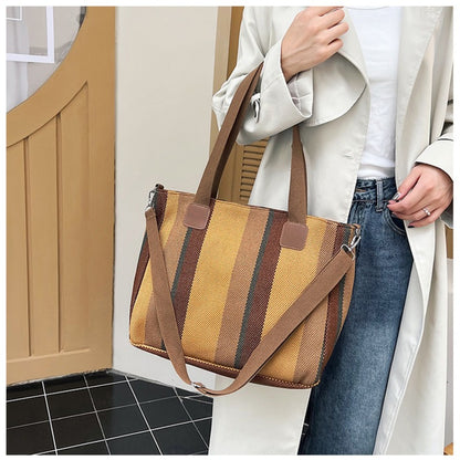 Striped Canvas Tote - Women's Crossbody Shoulder Bag With Zipper Closure, Versatile Daily Use