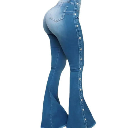 Women Jeans High Waist Strecth Denim Flare Pants Vintage Trousers Buttons Denims Streetwear Spring Autumn Female Floor Length