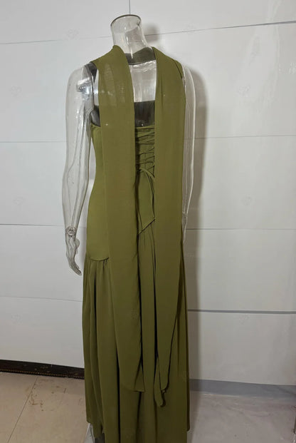 Green Evening Dress - Lace Up Back High Slit Maxi Party Dress with Scarf Attached