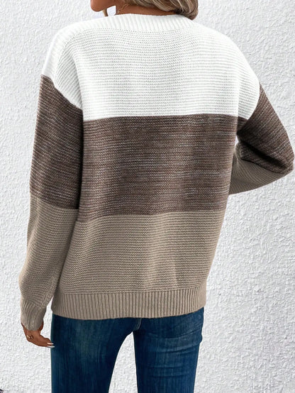 Elegant Three-color Patchwork Sweater Women Daily Commuter Casual Loose Jumpers Female Autumn Winter Knitted Thickened Warm Tops