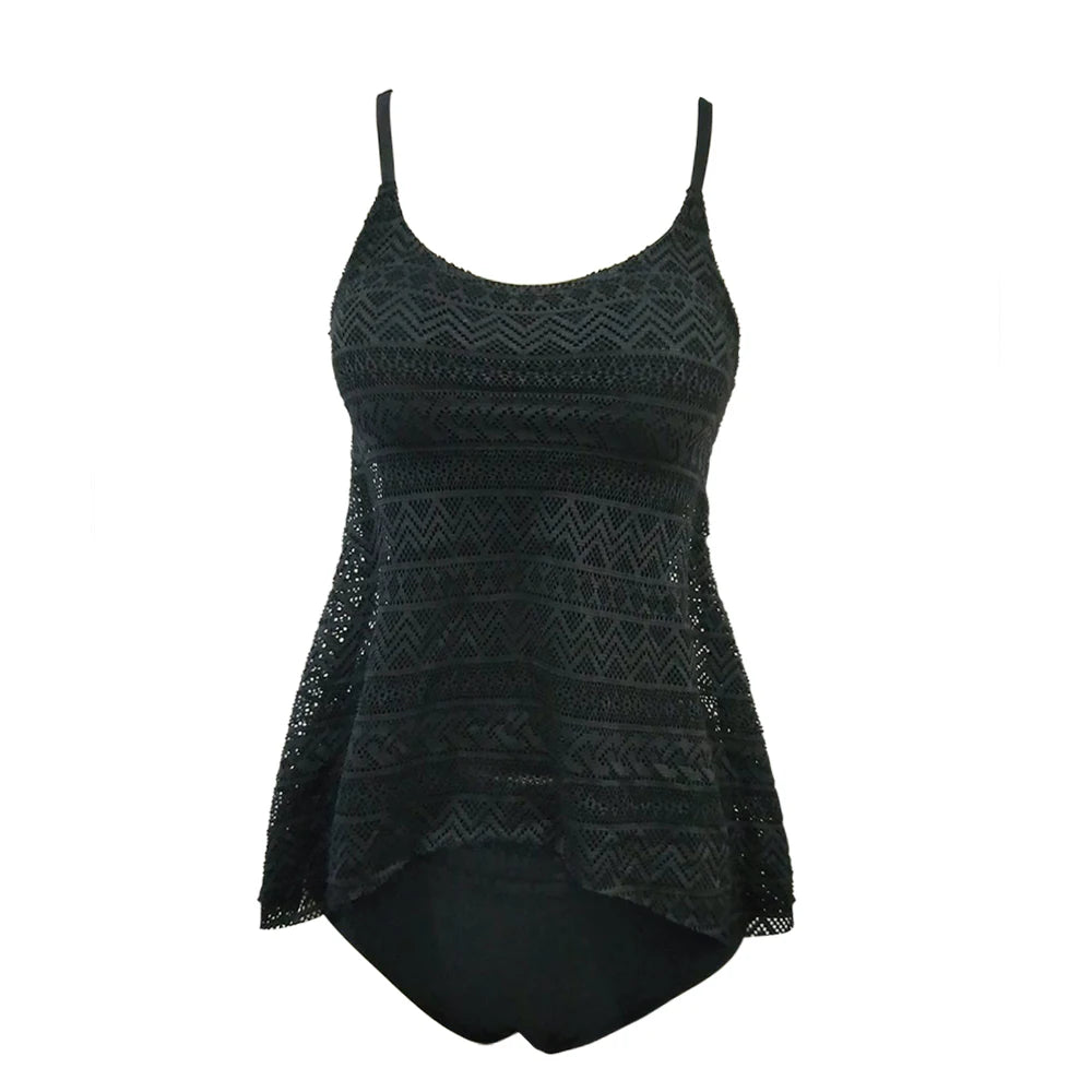 Plus Size Swimwear Women Black Tankini Tummy Control Swimwear Tank Top Retro Solid Swimsuit with Shorts Two Piece Bathing Suit