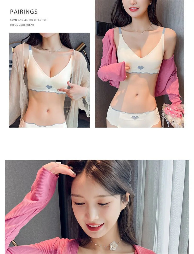 2pcs Womens Seamless Sweet Anti Sagging Bra Girl Thin Brassier Lady Comfort Soft Breathable Bra Student Simple Fashion Underwear