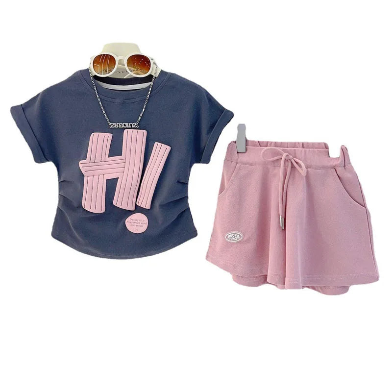 Girls Print Sets Summer Children Short-sleeved Suits Teenage Letter T-shirt+Shorts 2 Pcs Kids Clothing Tracksuit Outfits 3-12Y