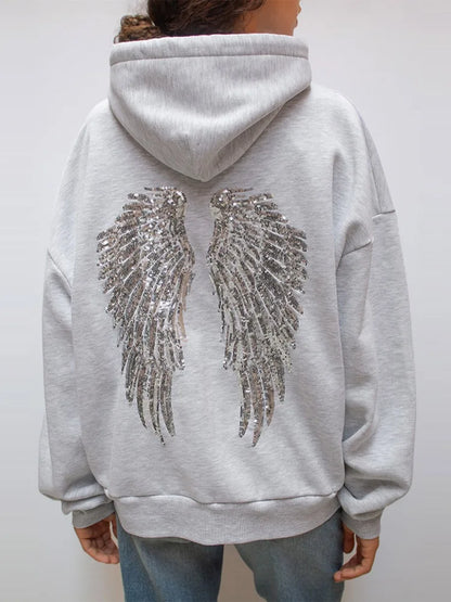 Sequin Angel's Wings Hoodies Women Chic Loose Long Sleeve Pullovers Top Slim Yoga Pant Set 2025 New Casual Lady Two Piece Sets