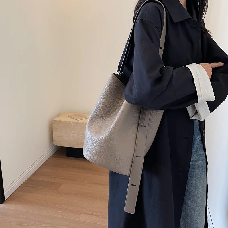Leather Shoulder Bag - Small Solid Color Korean Fashion Baguette Style Purse