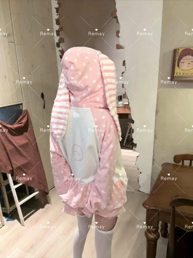 Japanese Kawaii Rabbit Ears Hoodies Tops Women Design Loose Dot Lace Patchwork Cute Coat Harajuku Chic Sweet Lovely Sweatshirts