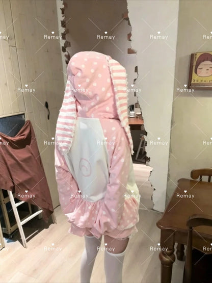 Japanese Kawaii Rabbit Ears Hoodies Tops Women Design Loose Dot Lace Patchwork Cute Coat Harajuku Chic Sweet Lovely Sweatshirts