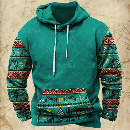 Men Hooded Vintage Print  Sweatshirt Ethnic Style Hoodie Autumn and Winter Oversized Casual Men's Clothing Daily Street Pullover