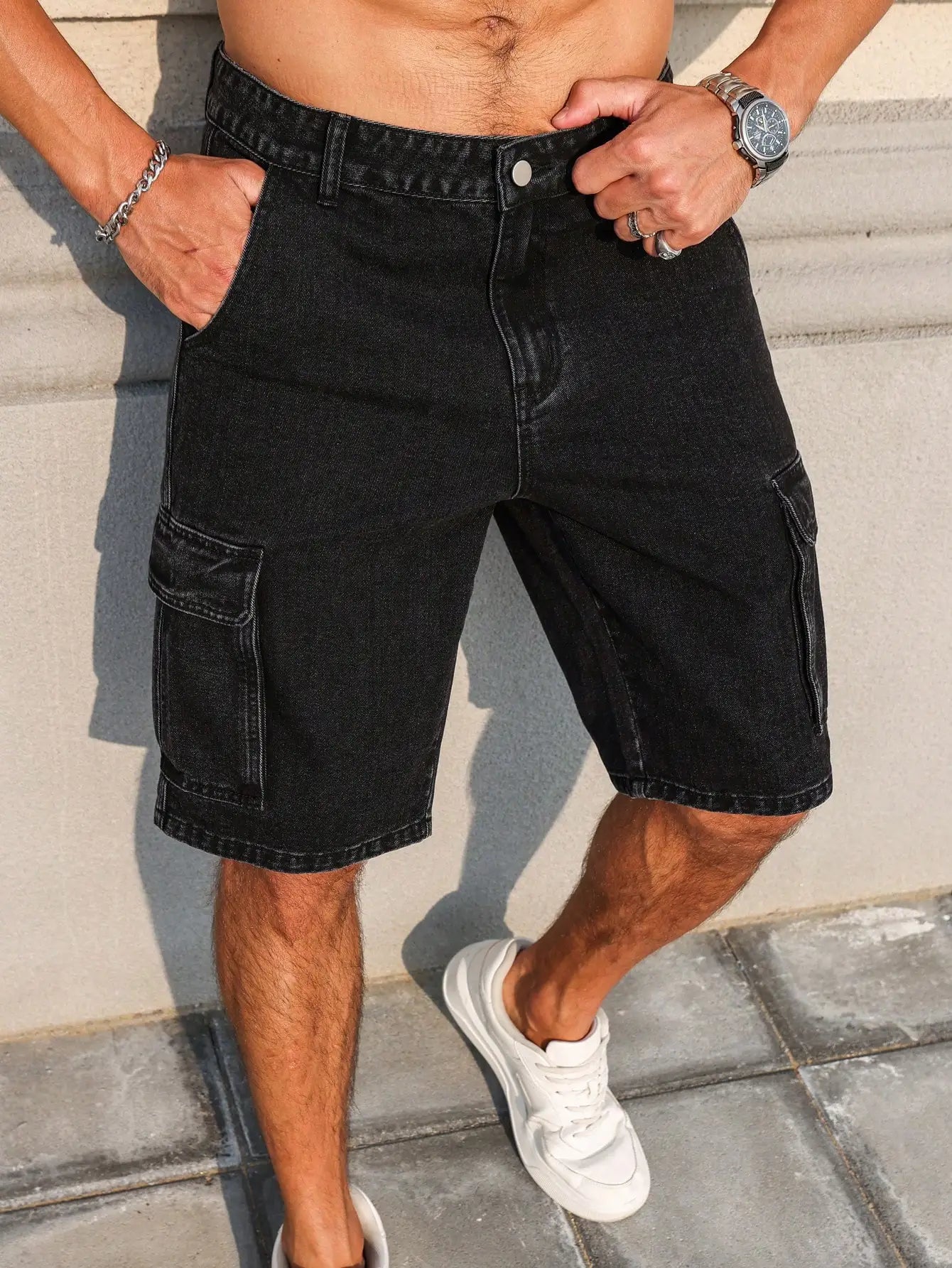Men's Denim Shorts - Black Summer Workwear Shorts With Multiple Pockets