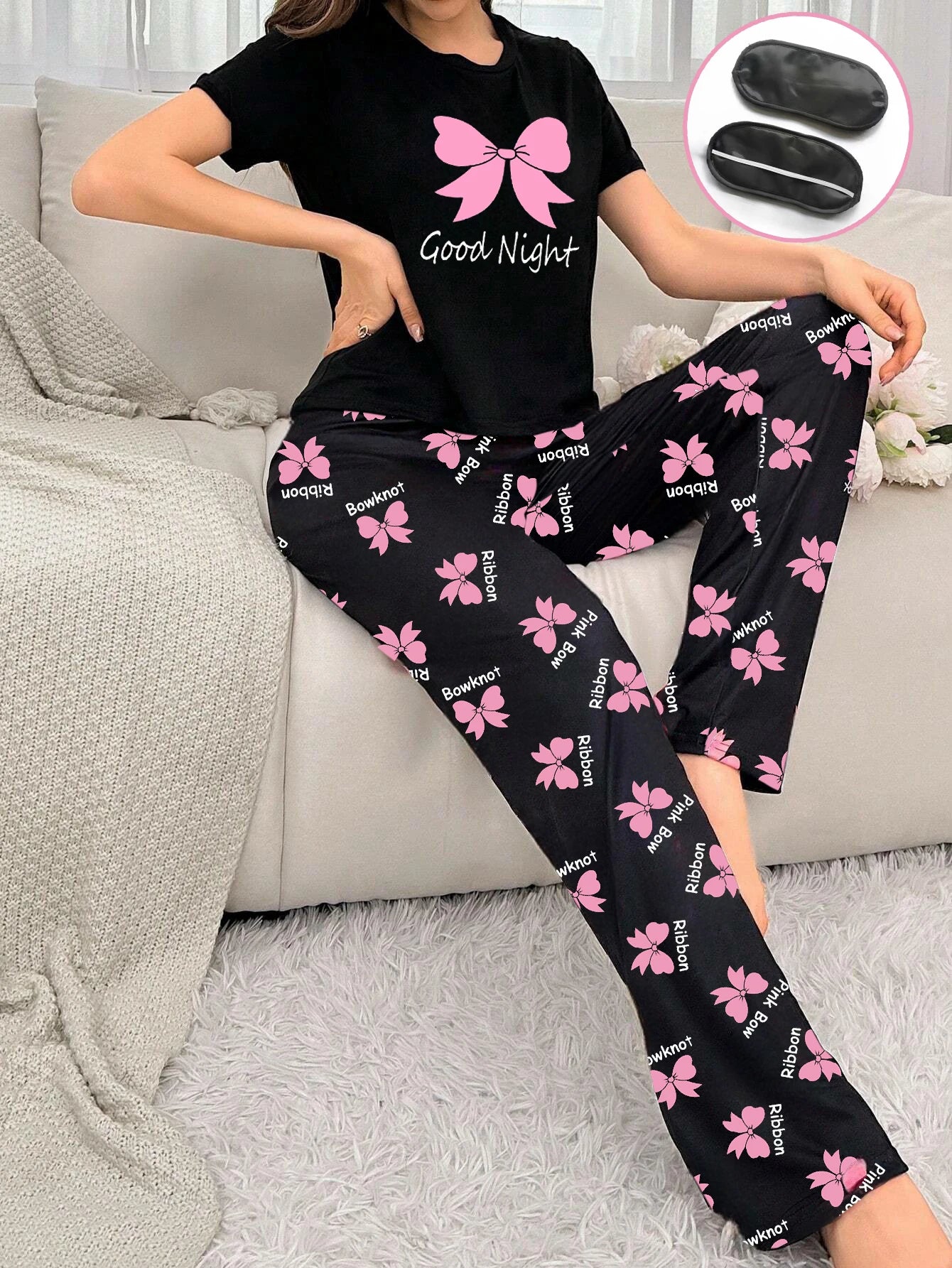Women's new style bow print short-sleeved trousers two-piece casual comfort home wear eye mask pajamas set