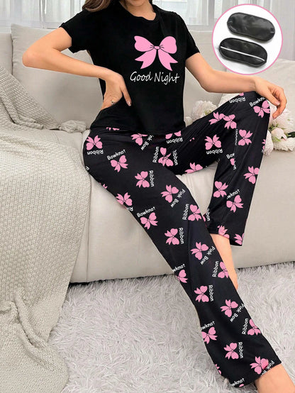 Women's new style bow print short-sleeved trousers two-piece casual comfort home wear eye mask pajamas set