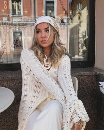 Deep V Neck Long Cardigan Dress - Elegant Hollow Knit Cover Up for Women