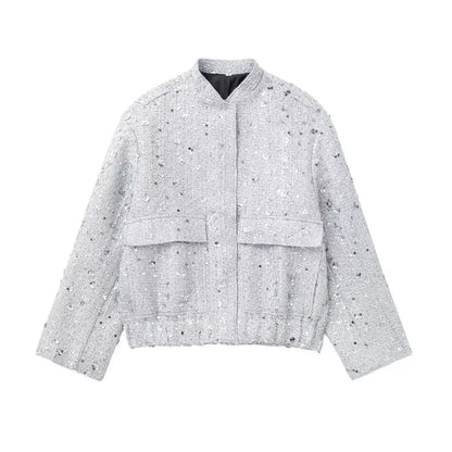 Suninheart Women's Sequined Bomber Jacket Fall O Neck Long Sleeve Gold Sequins Jacket Coat Female Glitter Chic Outerwear