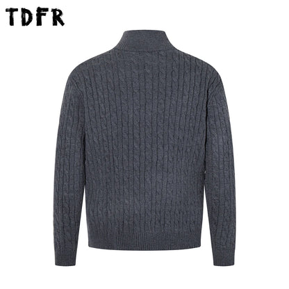 Retro Stand Collar Half Zipper Sweater Mens Solid Color Autumn Winter Casual Knitted Long Sleeve Loose Pullover Man