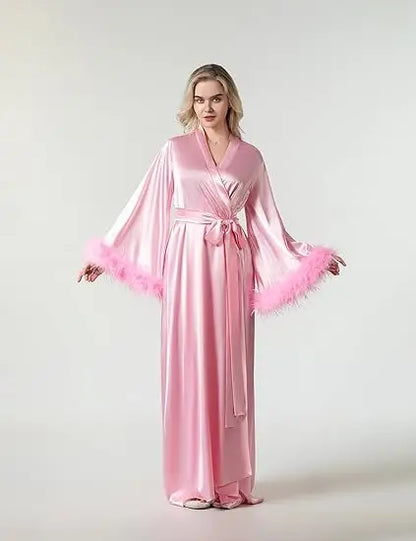 Long Feather Sleeve Bathrobe Sexy Ice Silk Kimono Wedding Bride Dress Women Loose Sleepwear Loungewear Casual Nightgown