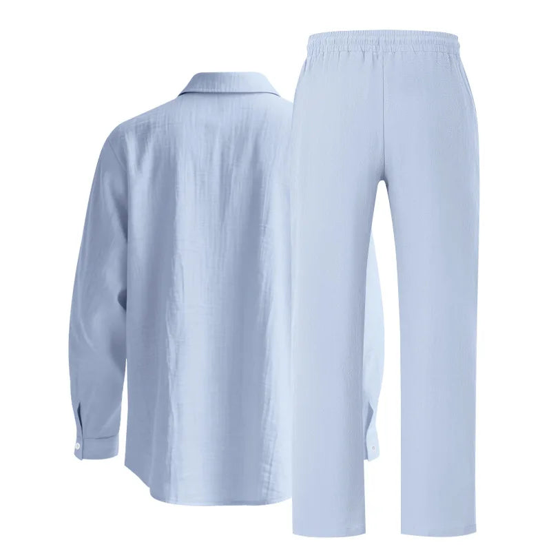 Men's Autumn Loose Trend Linen Solid Color Simple Lapel Long-Sleeved Shirt Beach Trousers Set