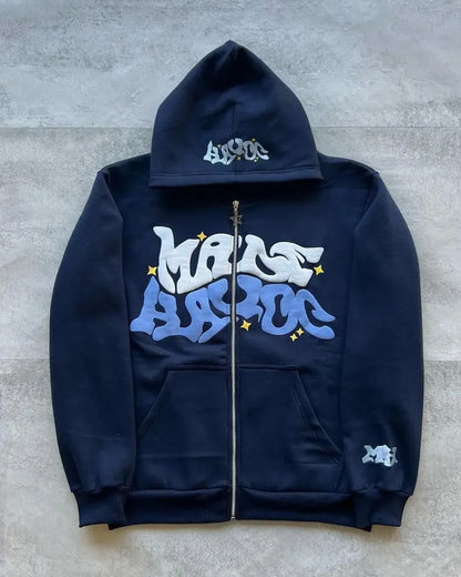 Men's Retro American Letter Zipper Printed Hooded Sweatshirt, Unisex Autumn and Winter Open Cardigan