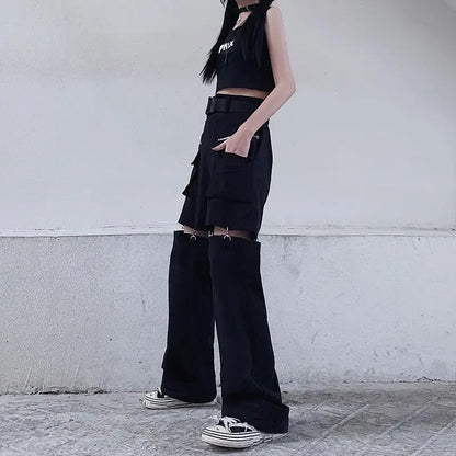New 2025 Streetwear Black Pants for Women Fashion High Waist Detachable Streetweart Cargo Pants Woman