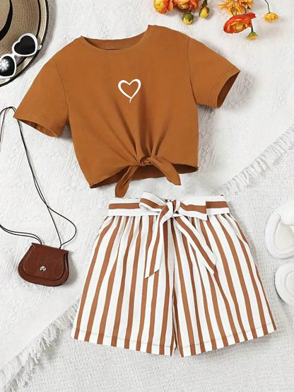 Women's casual daily short sleeved love printed+striped printed shorts 2-piece set with random belt striped children's clothing