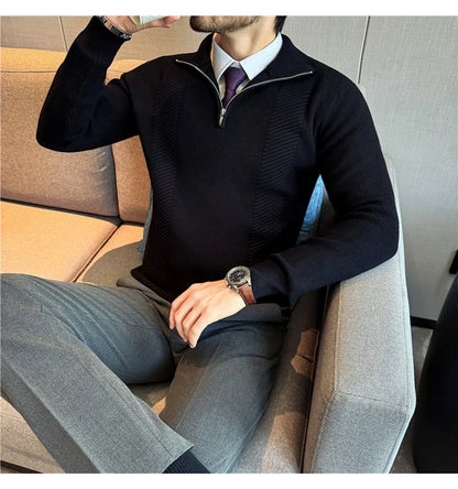 Men's Semi-Zip Knit Sweater - White (Gray/Black)  Winter Weight Fabric Fashionable Semi-High Neck Daily Wear