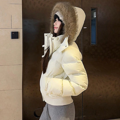 Casual Cropped Parkas Women Fashion Faux Fur Collar Hooded Puffy Coats Winter Warm Solid All Match Slim Long Sleeve Outwear Tops