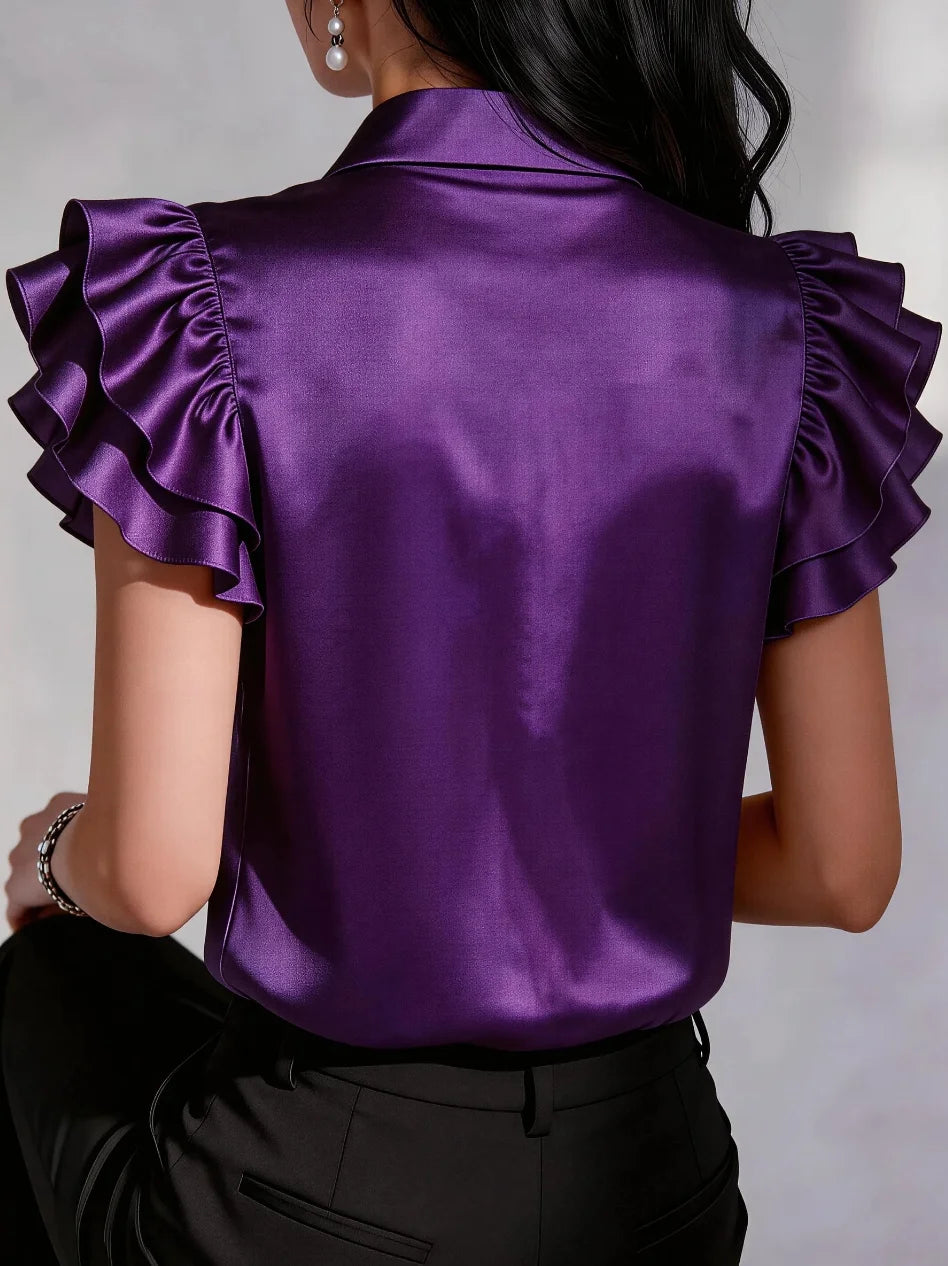 Elegant Satin Button Down Shirt for Women Ruffle Sleeve Collared Office Work Blouse