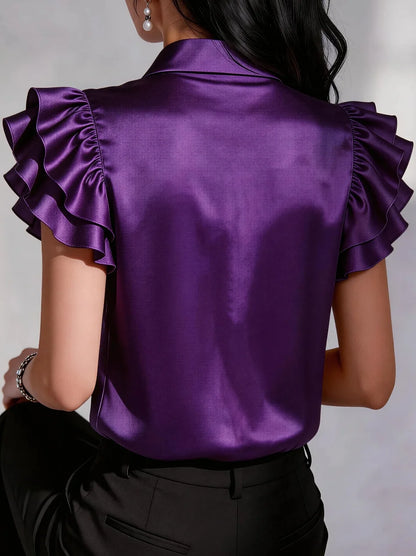 Elegant Satin Button Down Shirt for Women Ruffle Sleeve Collared Office Work Blouse