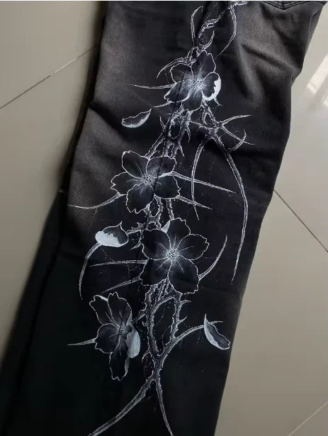 Y2K Gothic Men's Black Distressed Jeans White Thorn Floral Print Wide Leg Baggy Denim Pants Streetwear Casual Trousers