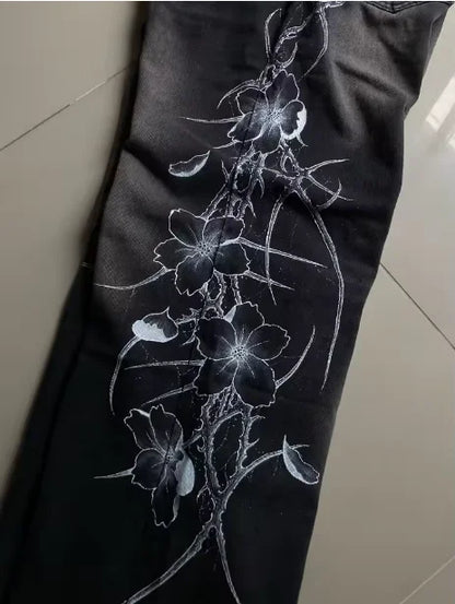 Y2K Gothic Men's Black Distressed Jeans White Thorn Floral Print Wide Leg Baggy Denim Pants Streetwear Casual Trousers
