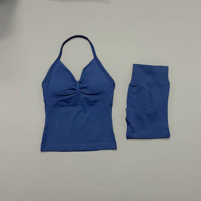 2Pcs HISTELLO Yoga Set Women Halter Tank Top Scrunch Butt Lifting Shorts Ruched Anti Chafe Quick Dry Gym Workout Sports Set