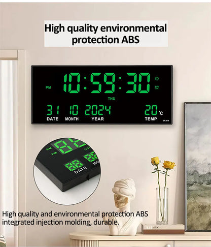 Large Digital Wall Clock with Alarm Temperature  Date Display - 14 LED Plug-In Clock