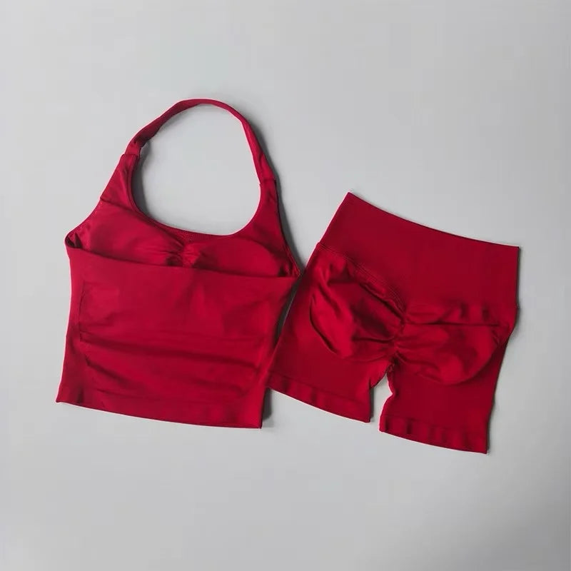 2PCs Peach High Waist Belly Hip Lifting Sports Bras Shorts Suit Gathering Shock-proof Neck Halter Yoga Suit Running Fitness Set