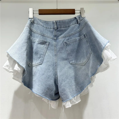 WTHT New Fashion Women's Patchwork Hem Wash Denim Shorts 2025 Summer Trendy High Waist A-line Short Pants Female 1LS1393