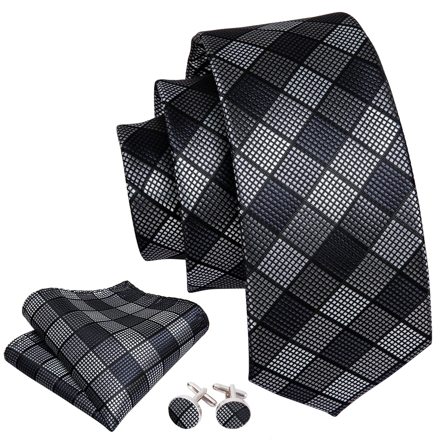 Black Floral Silk Wedding Tie Set - Elegant Necktie with Handkerchief  Cufflinks for Men