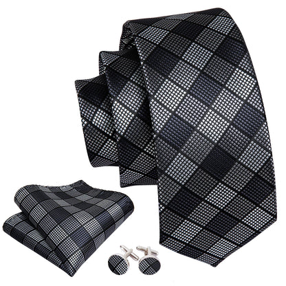 Black Floral Silk Wedding Tie Set - Elegant Necktie with Handkerchief  Cufflinks for Men