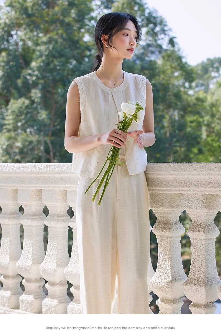 VIMLY Linen Blend Pant Set Two Piece Old Money Style Woman Summer Outfits 2026 Sleeveless Vest Wide Legs Pants Lady Suit A0820