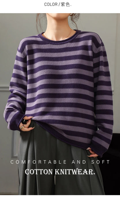 Fashion 100% pure cotton women's sweater autumn and winter casual striped knitted top loose Korean round neck women's pullover