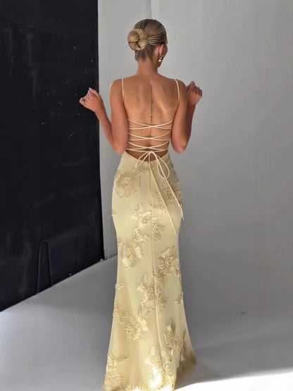 Backless Mermaid Dress Maxi Yellow Prom Gown With 3D Floral Embroidery - Sexy Lace Up Party