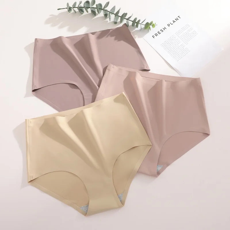 4PCS/SET Plus Size Underwear Women's Panties Ice Silk Solid Color Ladies Seamless Underpants High Waist Sexy Breathable Lingerie